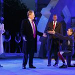 Tina Benko, Gregg Henry, Teagle F. Bougere, and Elizabeth Marvel in The Public Theater’s Free Shakespeare in the Park production of Julius Caesar<br>